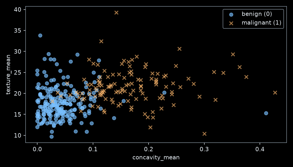 Scatter plot of mean concavity against mean texture, with benign circles and malignant crosses. Classes overlap; malignant examples tend toward larger concavity.